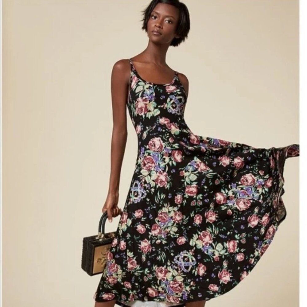 NWT Reformation XS Cha Cha Tank Skater Dress Midi Floral Black Jersey Fit Flare